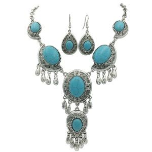 Dramatic Drop Turquoise Stone Necklace Earrings